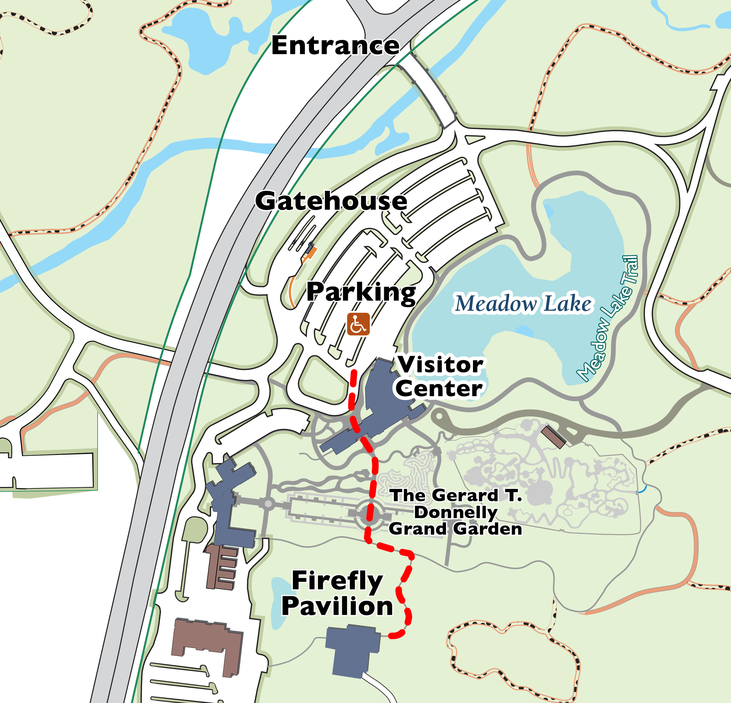 Illustration of Arboretum map highlight path to Juniper Junction hosting in Firefly Pavilion
