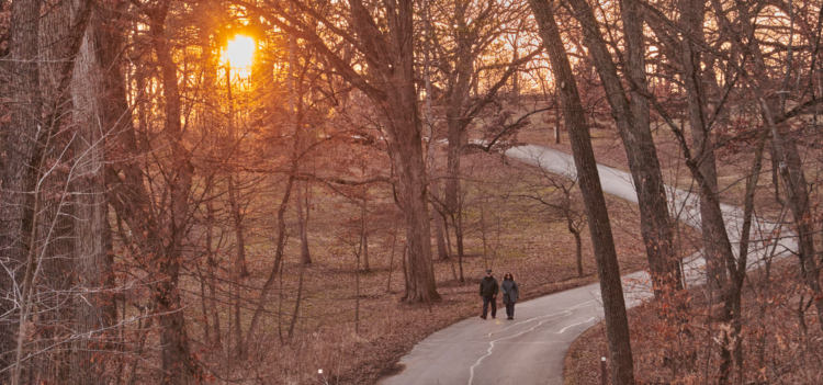 A couple walk on the road through the woods as the golden sun sets above them.