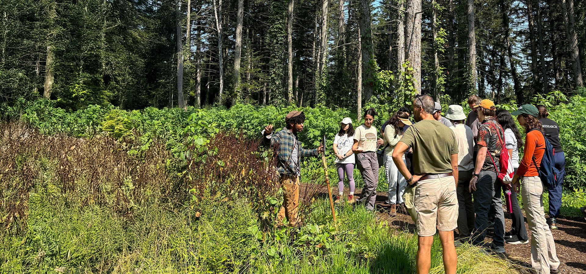 A group gathered around an instructor out on an Arboretum trail, learning about a plant the instructor is pointing out.