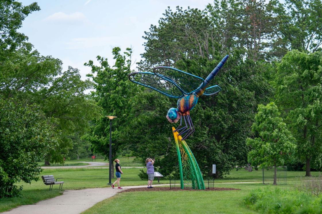 Two Arboretum guests look up at Nimbly, a larger-than-life sculpture of a dragonfly perched on a blade of grass