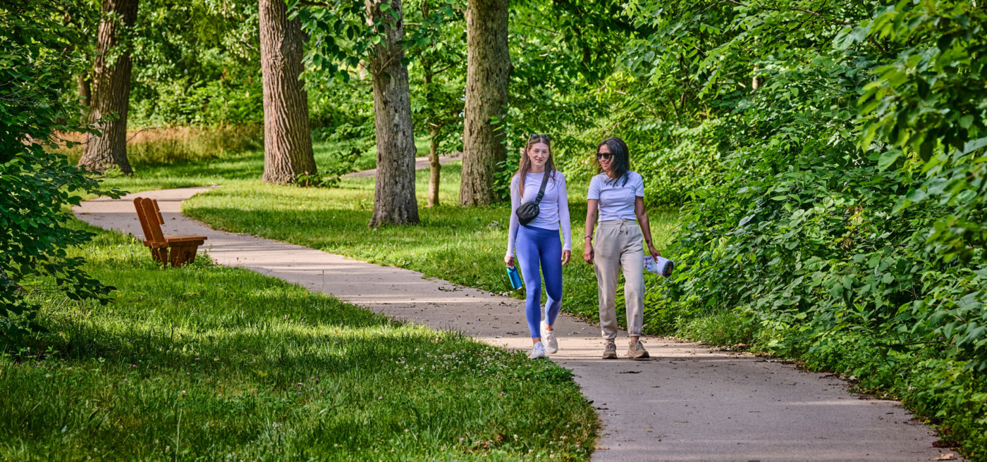 Two guests walking down a dappled light path on a summer afternoon surrounded by towering green trees