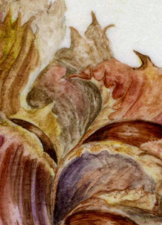 Dry, red and brown leaves painted on paper with dry-brush watercolor technique