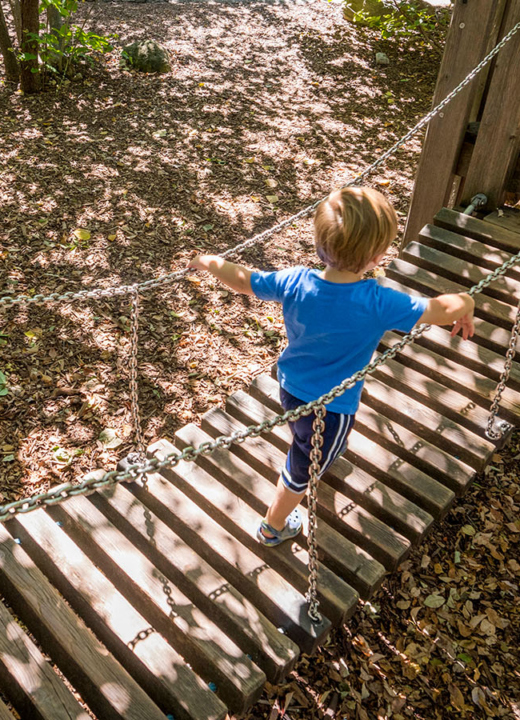 A small boy walking across a low wooden bridge in the Children's Garden at The Morton Arboretum.
