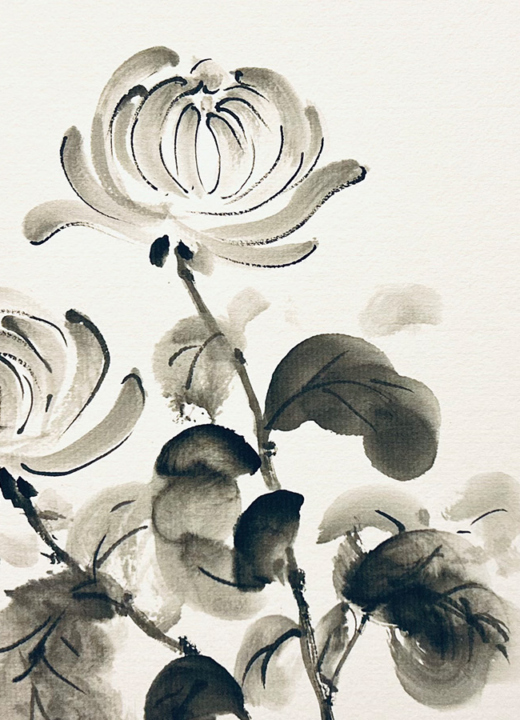 Two flowers painted with ink and brush in the Sumi-e style