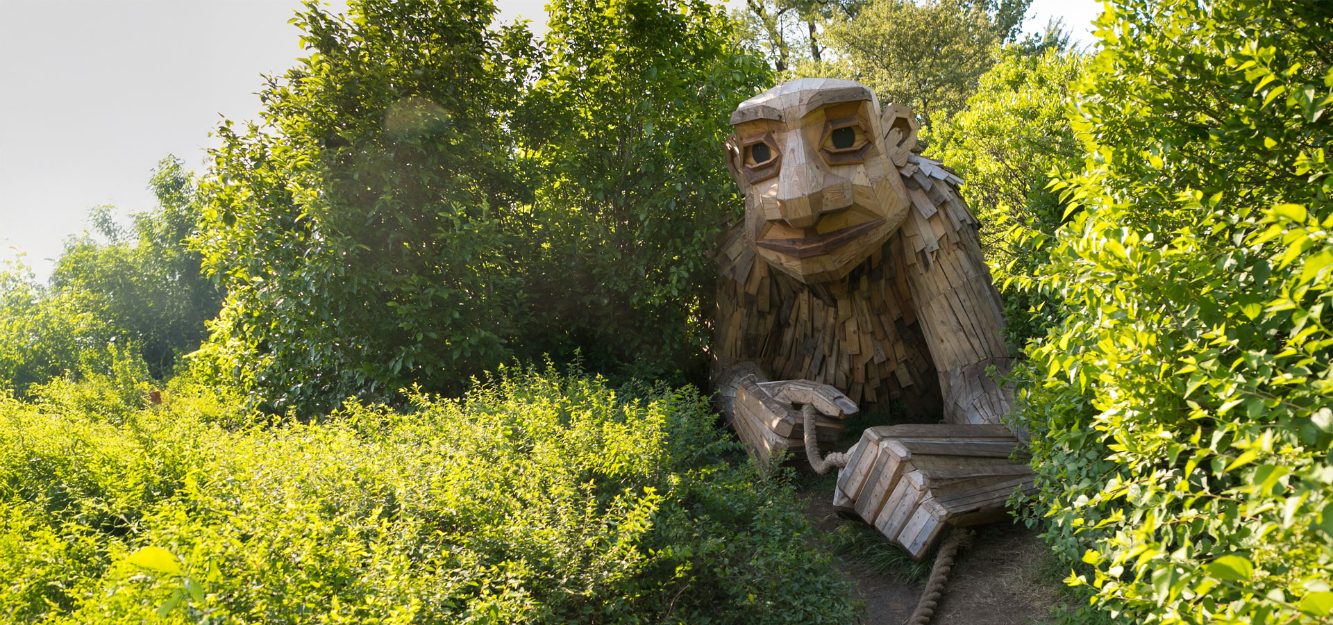 Landscape photo of an oversized wooden sculpture of a troll, who grasps a thick rope and seems to emerge from a thicket of shrubs and plants.
