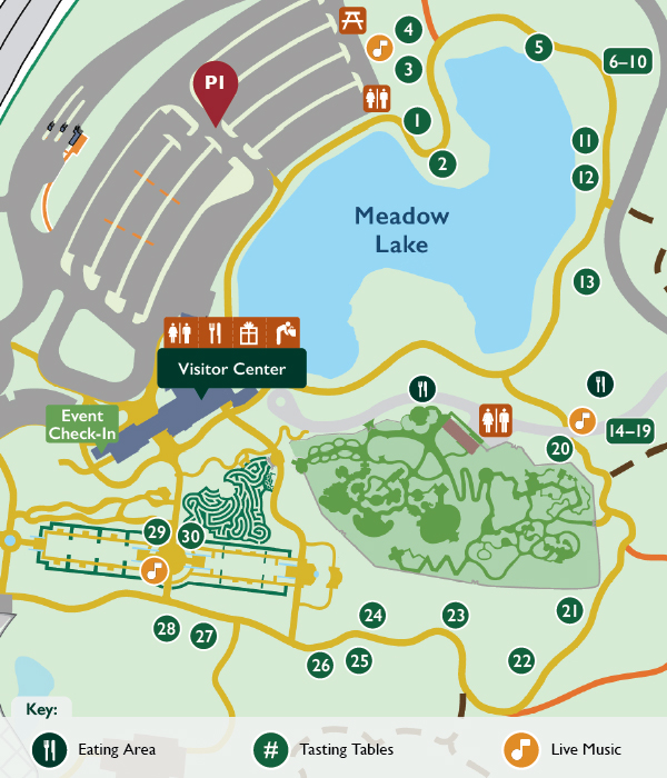 Map of tasting tables, restrooms, and parking locations