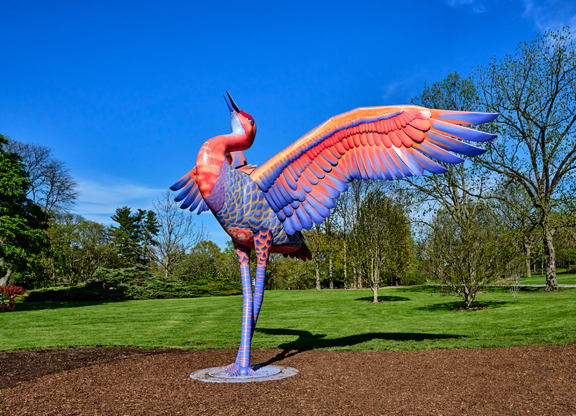 Cadence, a sandhill crane, is a sculpture in the Vivid Creatures exhibition