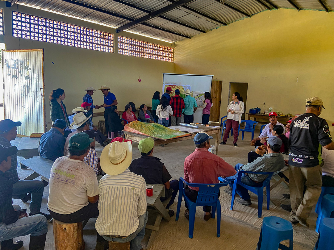 Workshop participants examine a 3-D map of Montane cloud forest conservation sites.