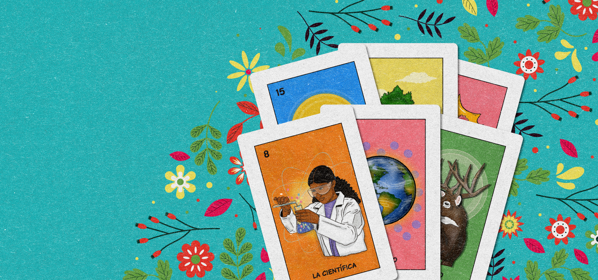 Illustration of Loteria cards and natural motifs