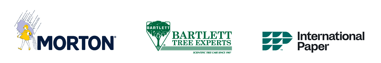 Logo lockup of the corporate logos of Morton Salt, Bartlett Tree Experts, and International Paper
