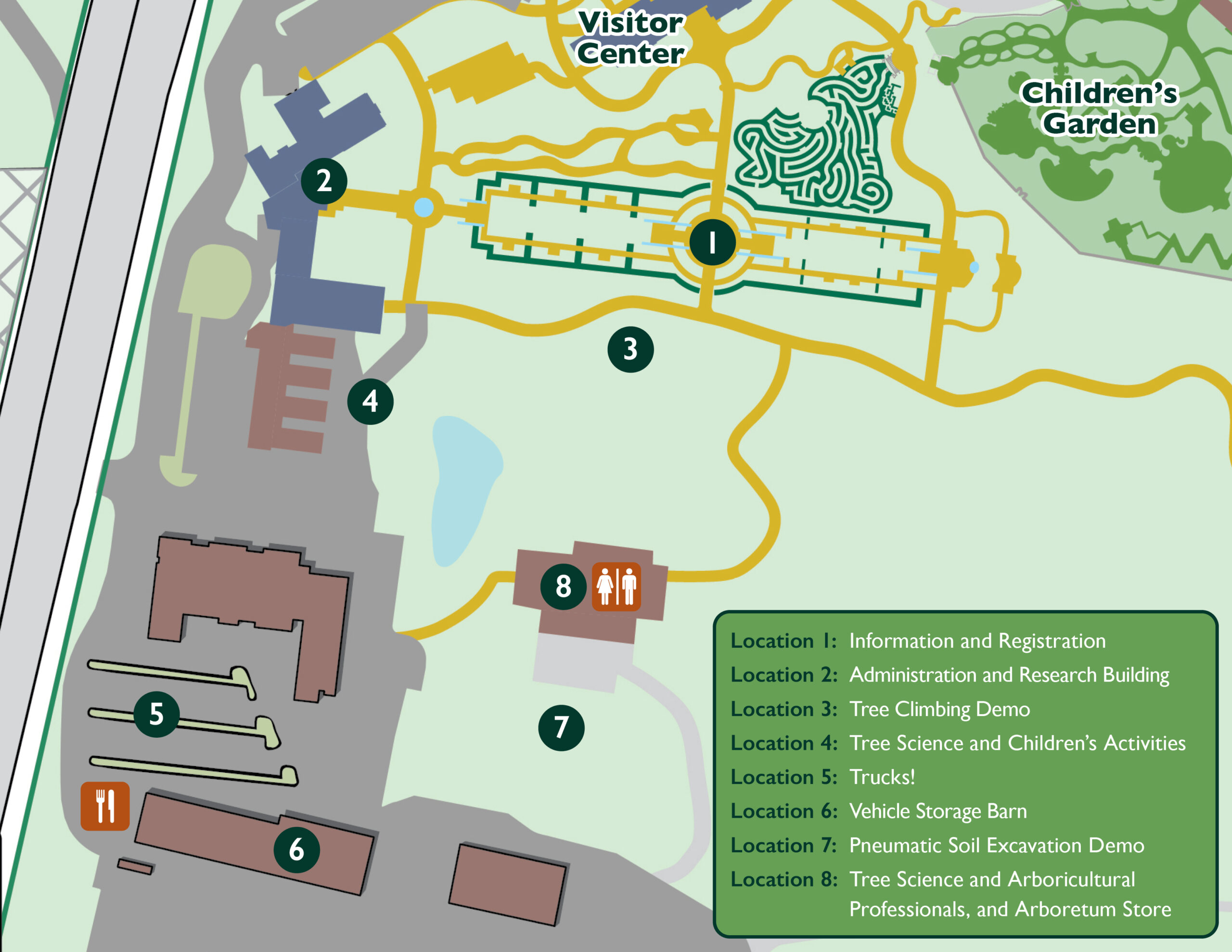 Illustration of a walking map for the Arboretum Discovery Day and Touch a Truck event