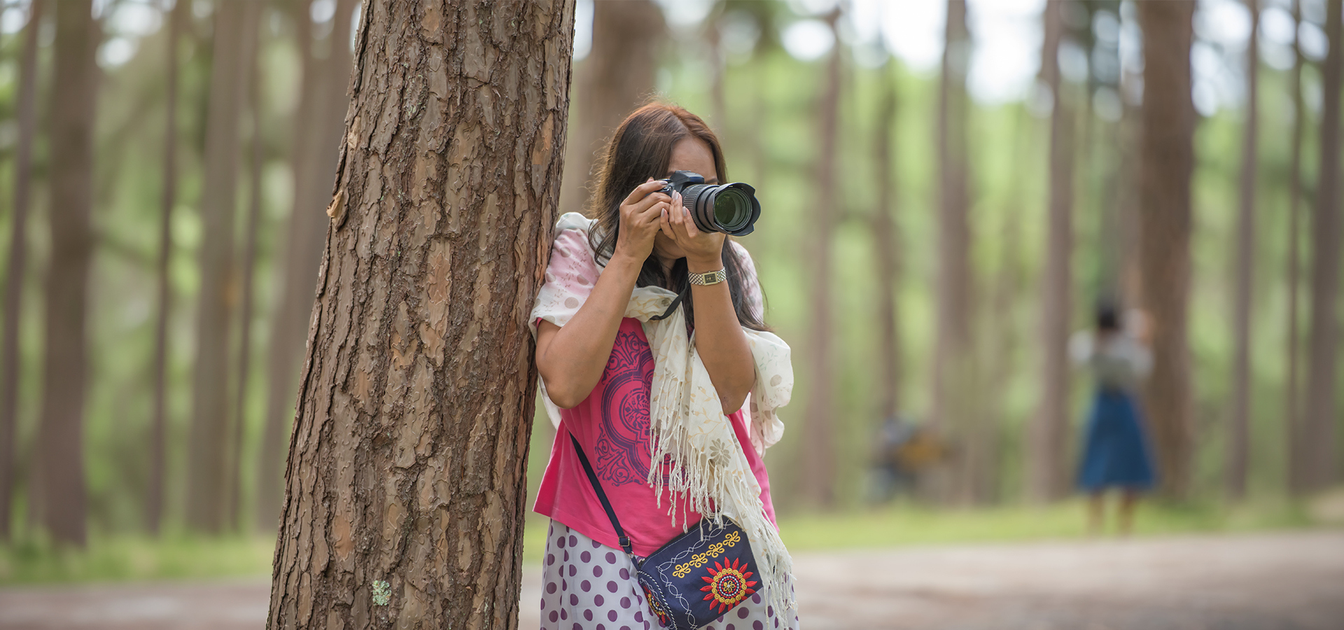 Photograph of a woman photographer leaning against a pine tree photographing something in the distance