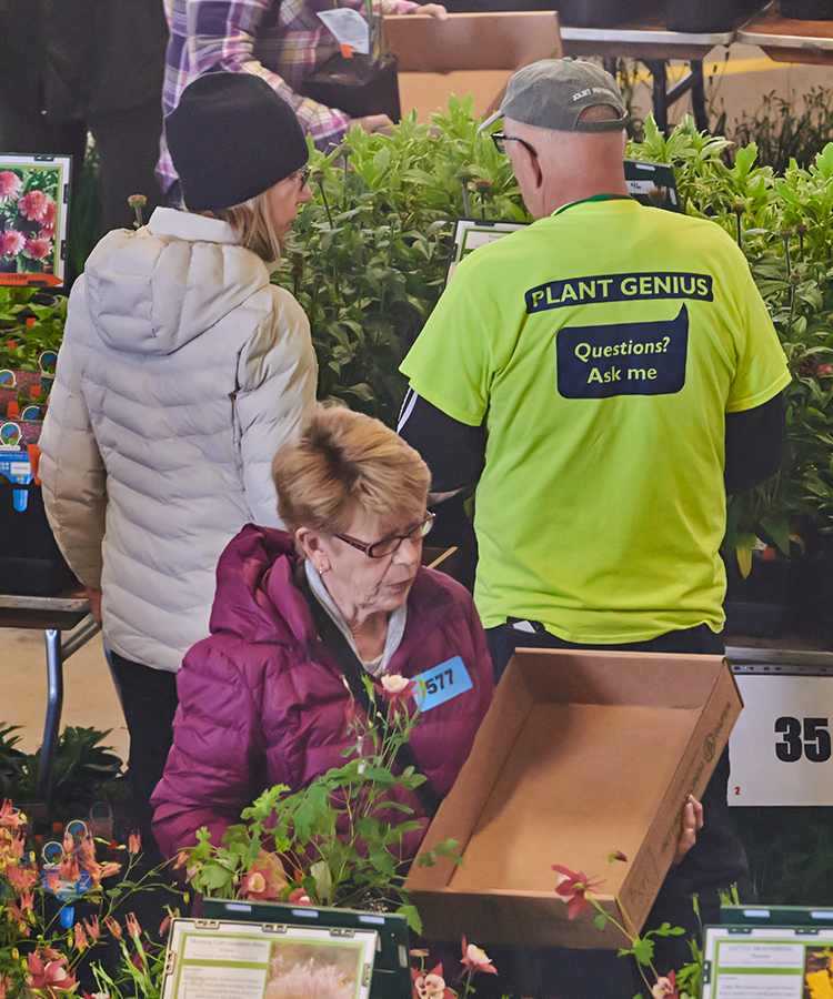 Photograph of plant sale customer talking with Plant Genius near a display of plants for sale