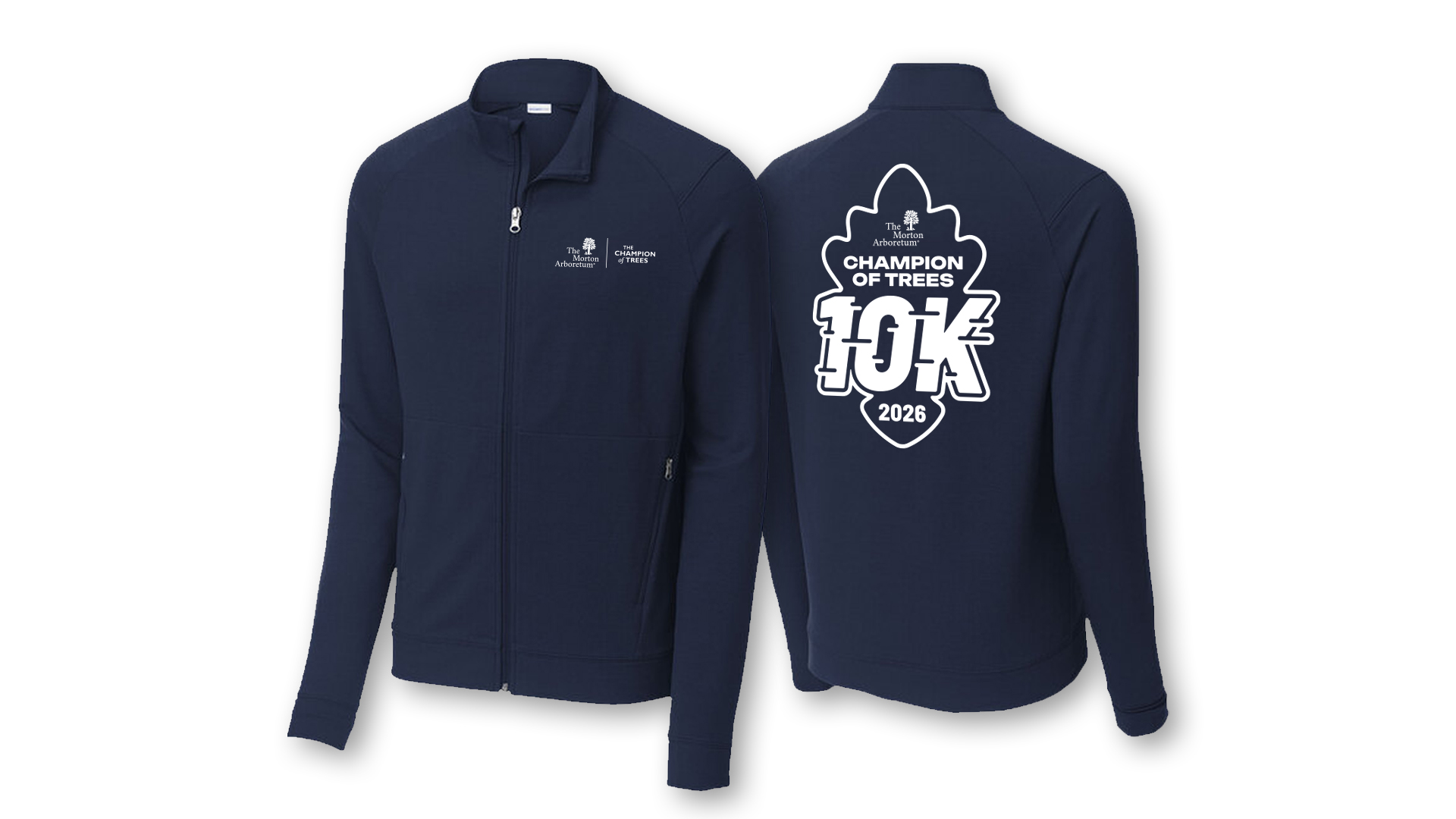 Example image of a blue zip up athletic sweater branded with The Champion of Trees 10K 2026