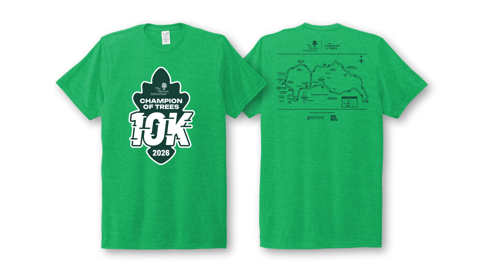 Example image of a green shirt showing the route map for the Champion of Trees 10K the front and the branded Champion of Trees 10K 2026 symbol on the back
