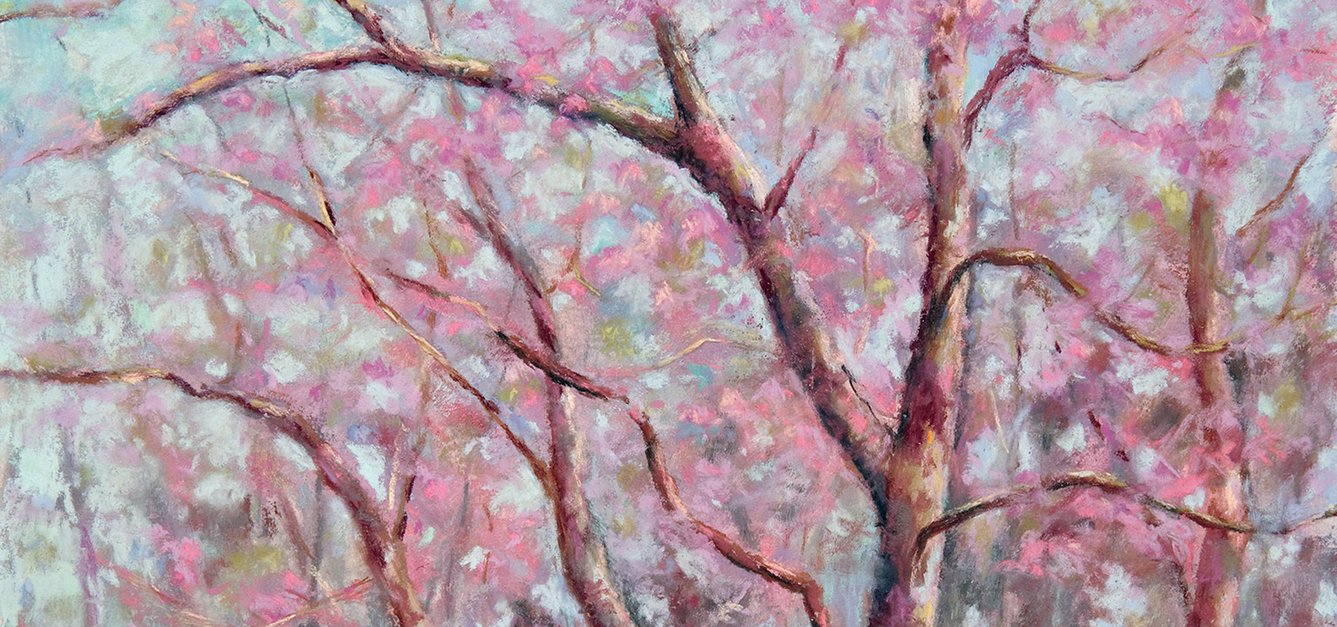 Image of a pastel drawing of spring flowering trees