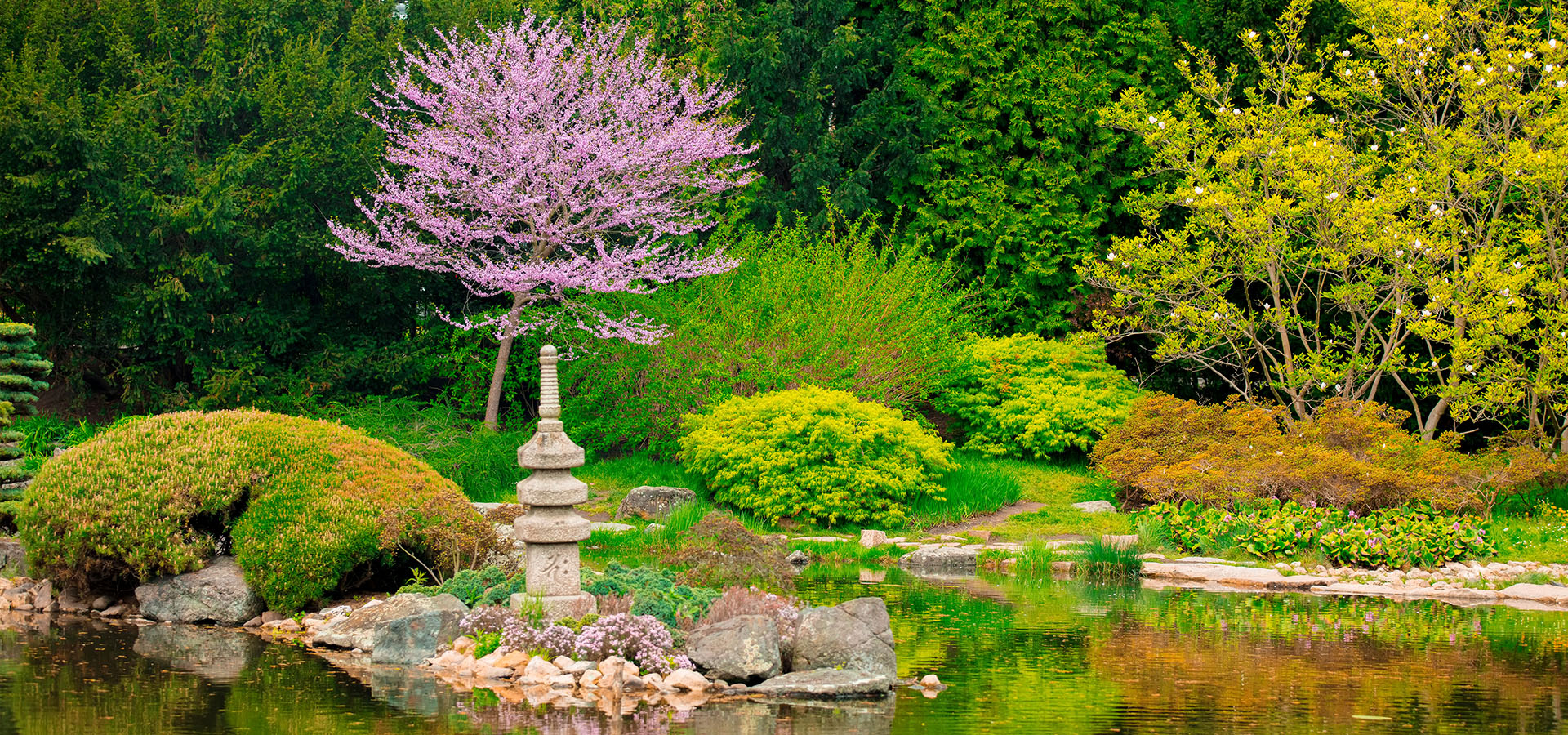 Photograph of a Japanese garden with a stone statue, a pond, and ornamental trees