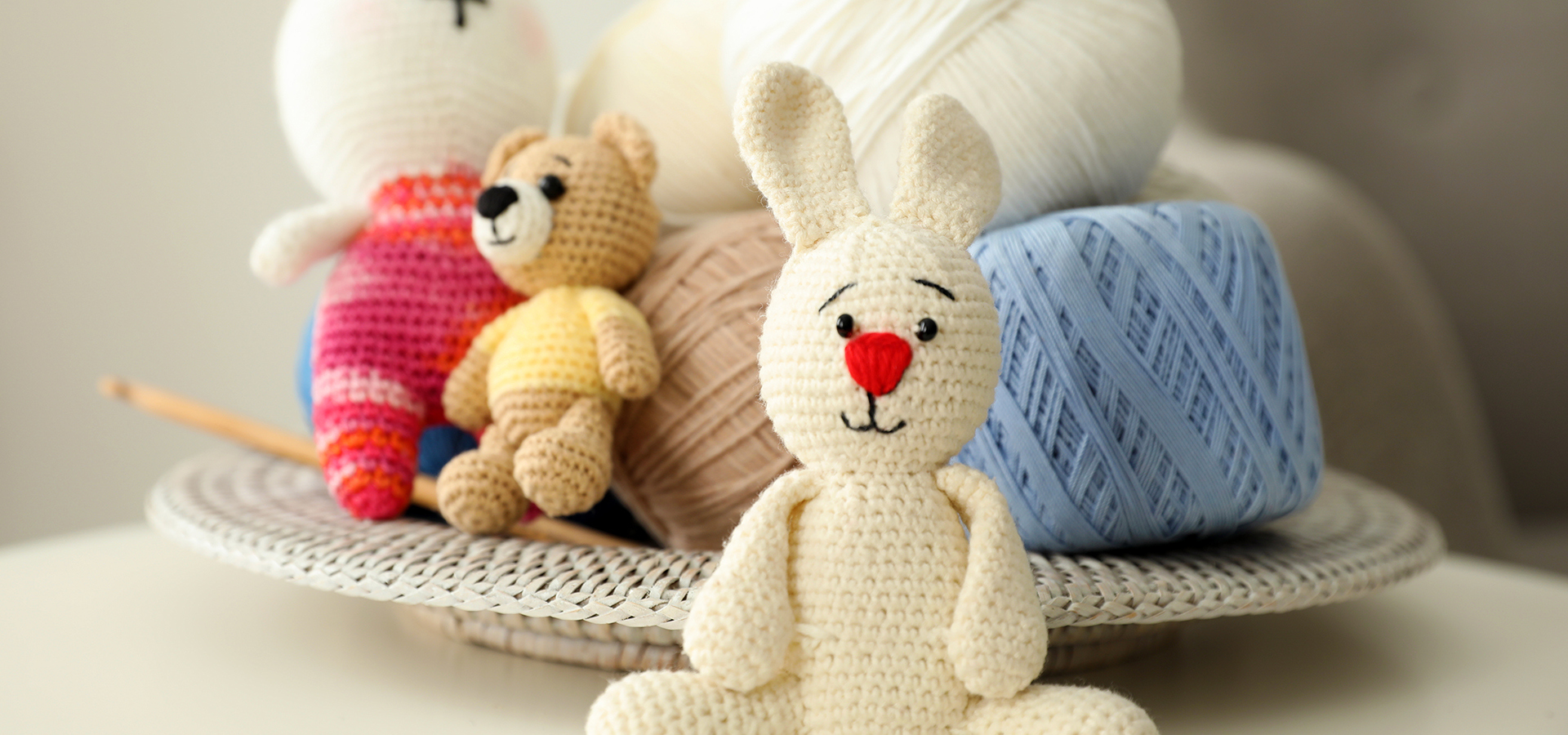 Photograph of knitted amigurumi creatures