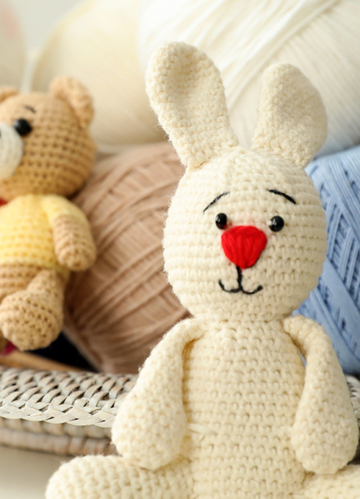 Photograph of knitted amigurumi creatures