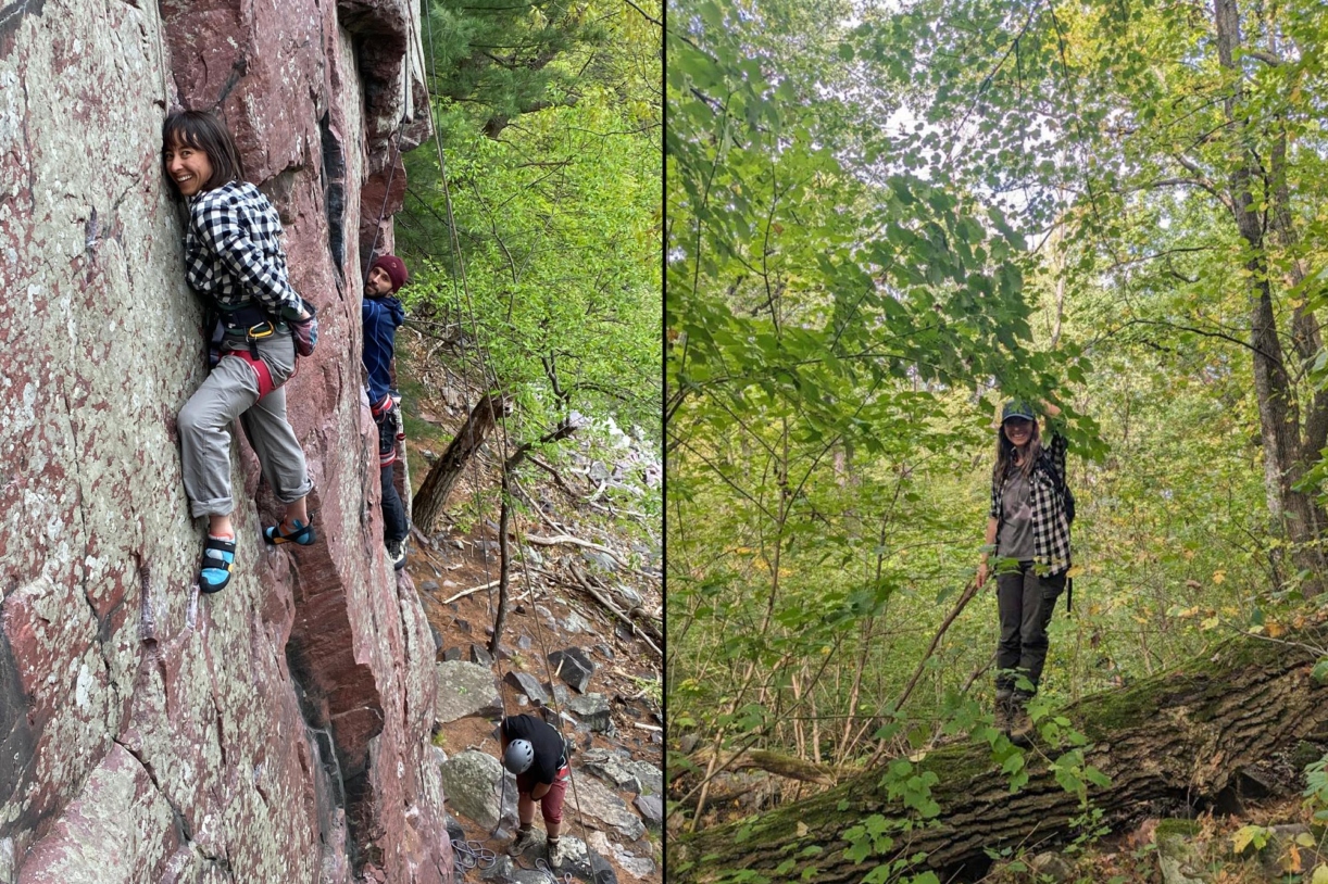 Two photographs of Arboretum researchers rock climbing and hiking in the woods