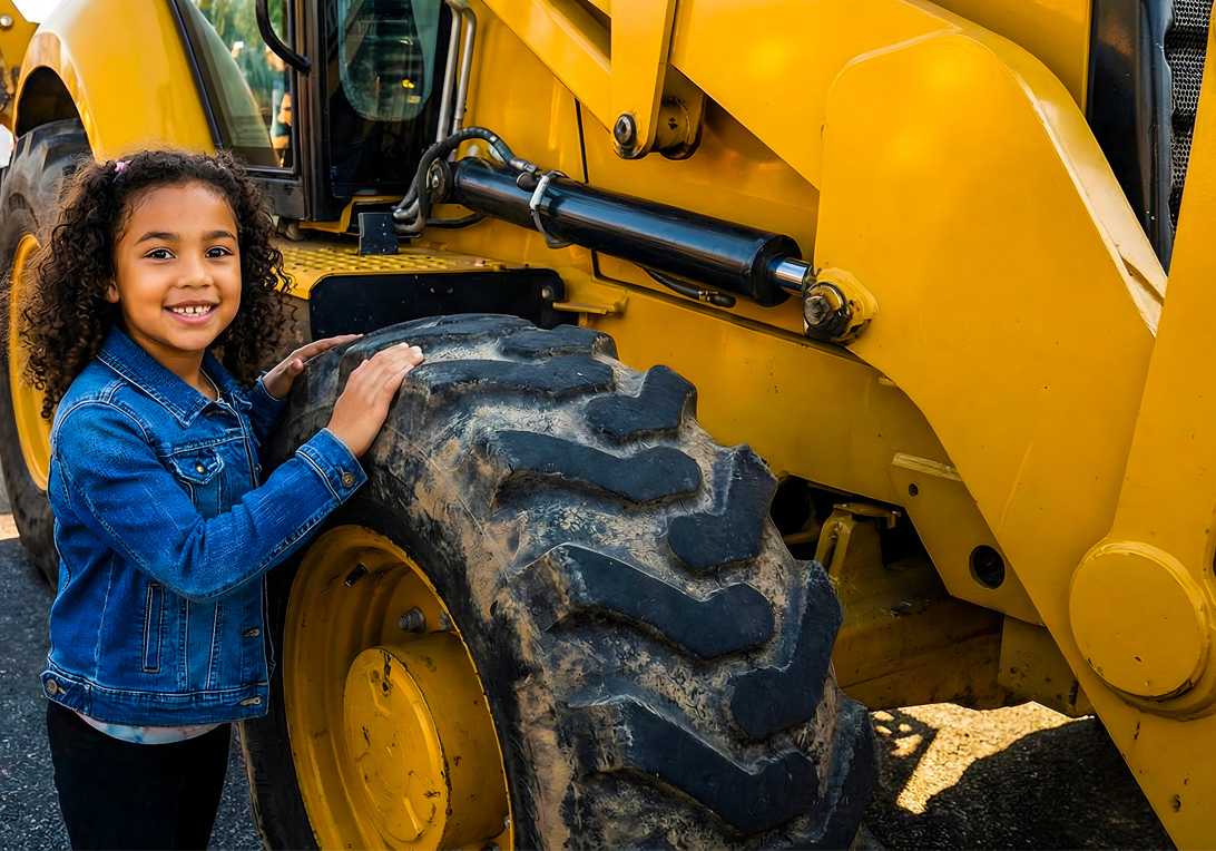 A young child admires large construction equipment at a touch-a-truck event