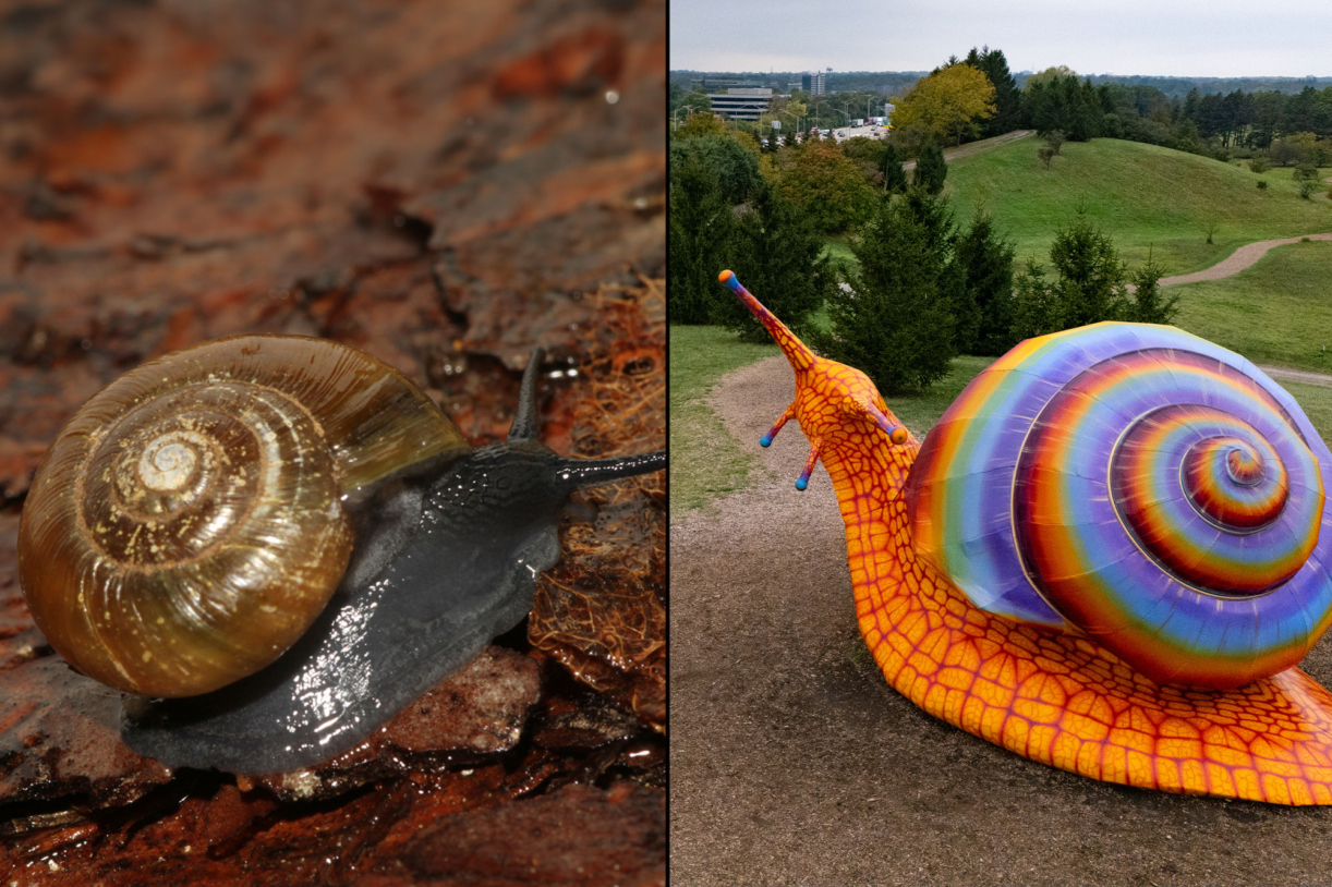 Photograph for a brittle button snail juxtaposed against a photograph of Spectra the snail sculpture in Vivid Creatures