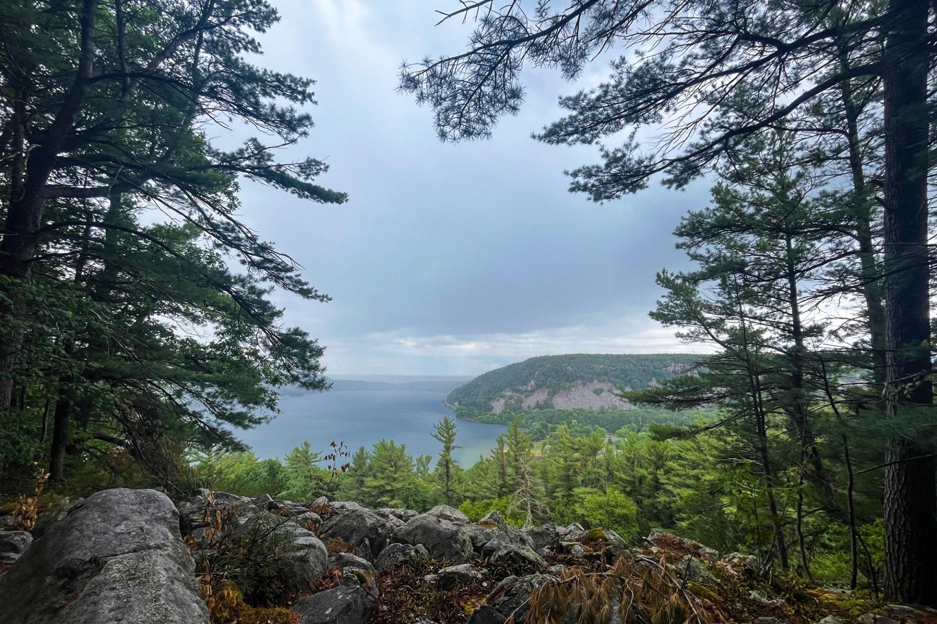 Photograph of a lake looking out from the top of Devil's Lake in Wisconsin