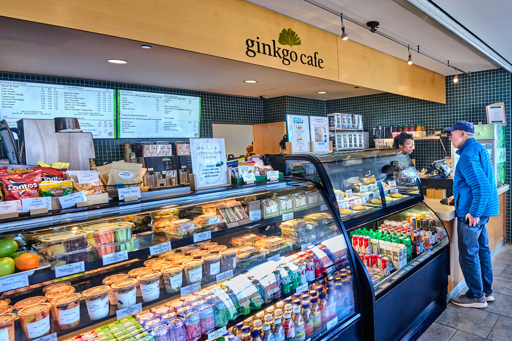 Photograph of the Ginkgo Cafe with display case and beverages at The Morton Arboretum