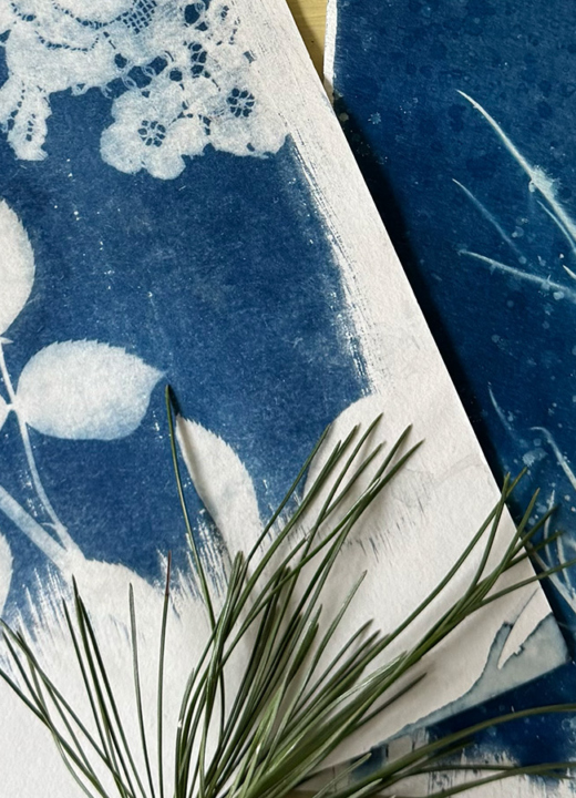 Photo of a cyanotype print using natural materials