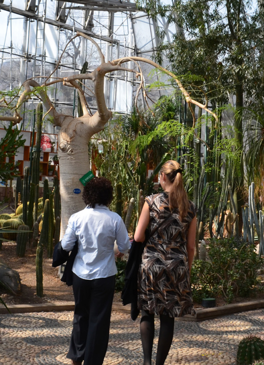 Photograph of two women standing in a conservatory