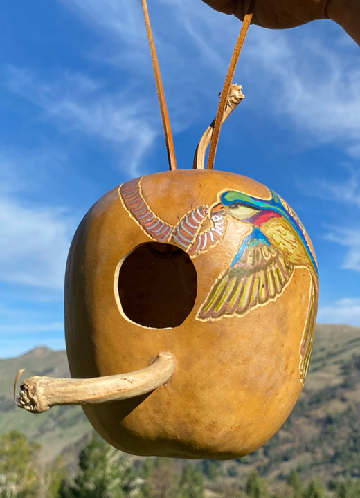 Photograph of a birdhouse made from a gourd