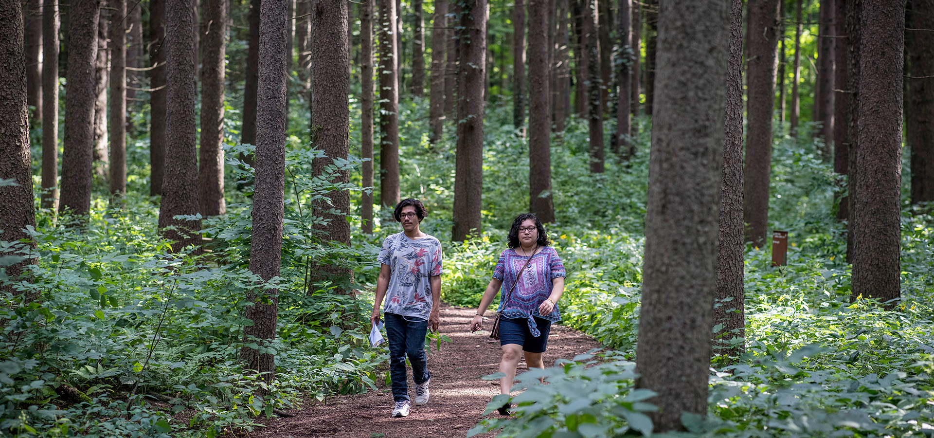 Photograph of two hikers walking through a woodchipped trail at The Morton Arboretum