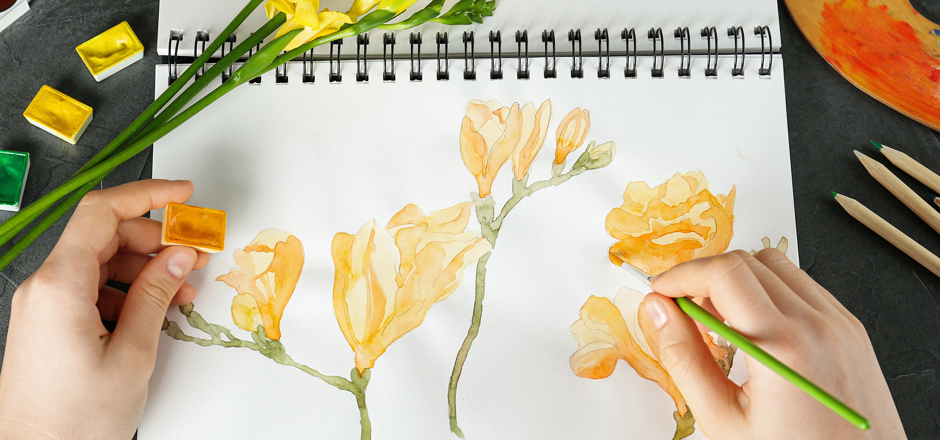 Photo of an artists hands drawing and watercoloring a picture of orange flowers