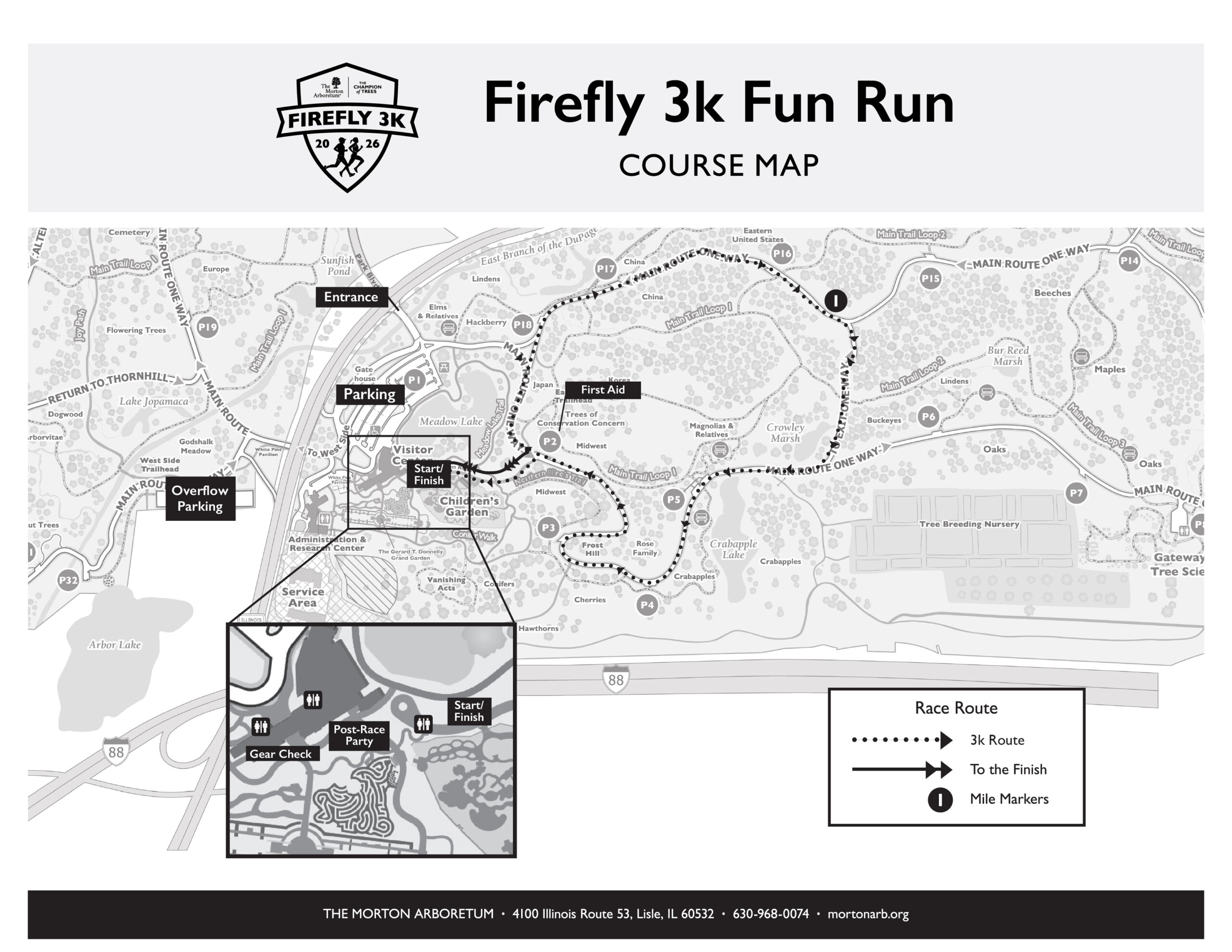 Firefly 3K Fun Run course map showing race route along the Arboretum's paved Main Route