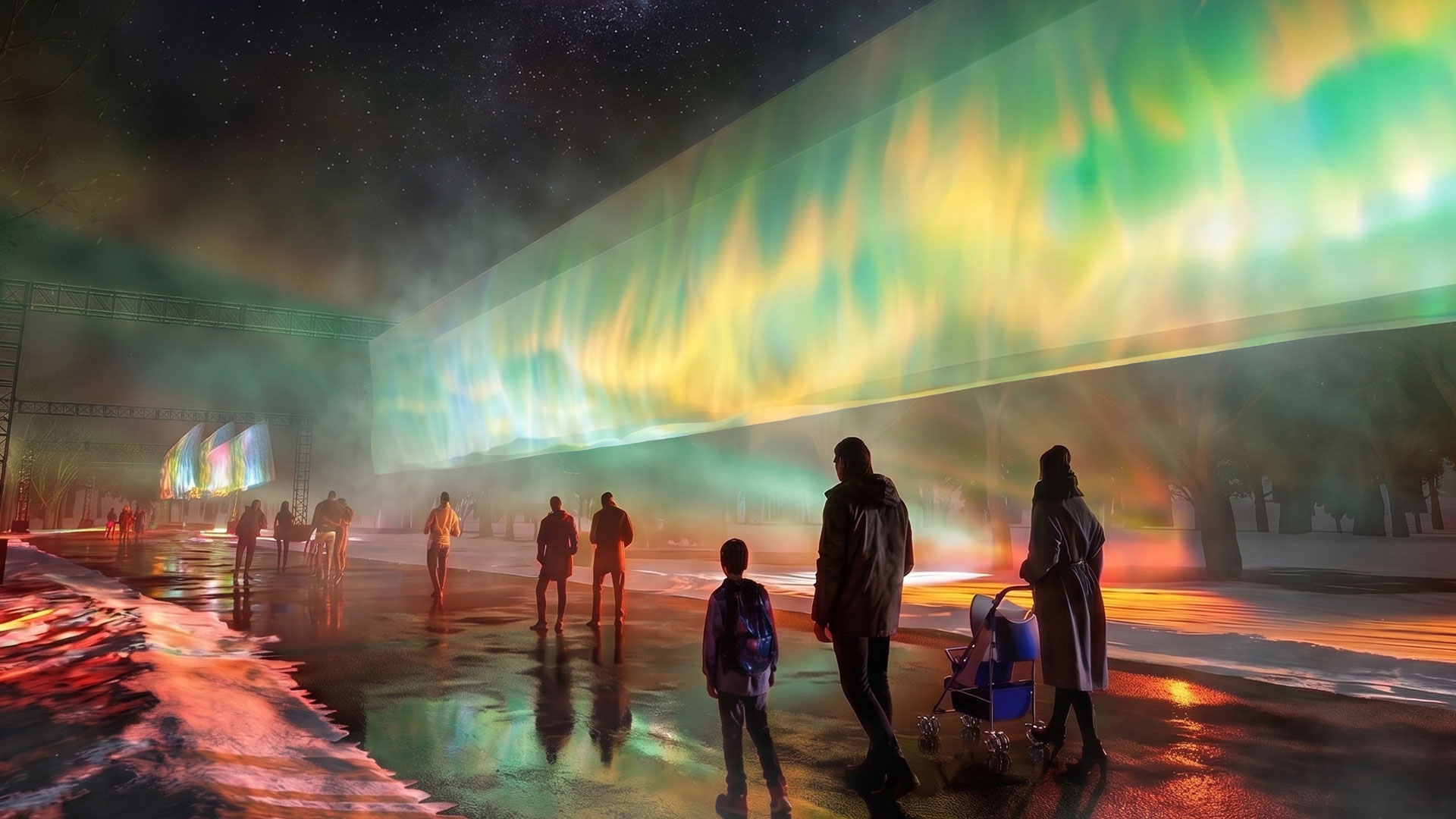 Guests walk under a new feature at Illumination