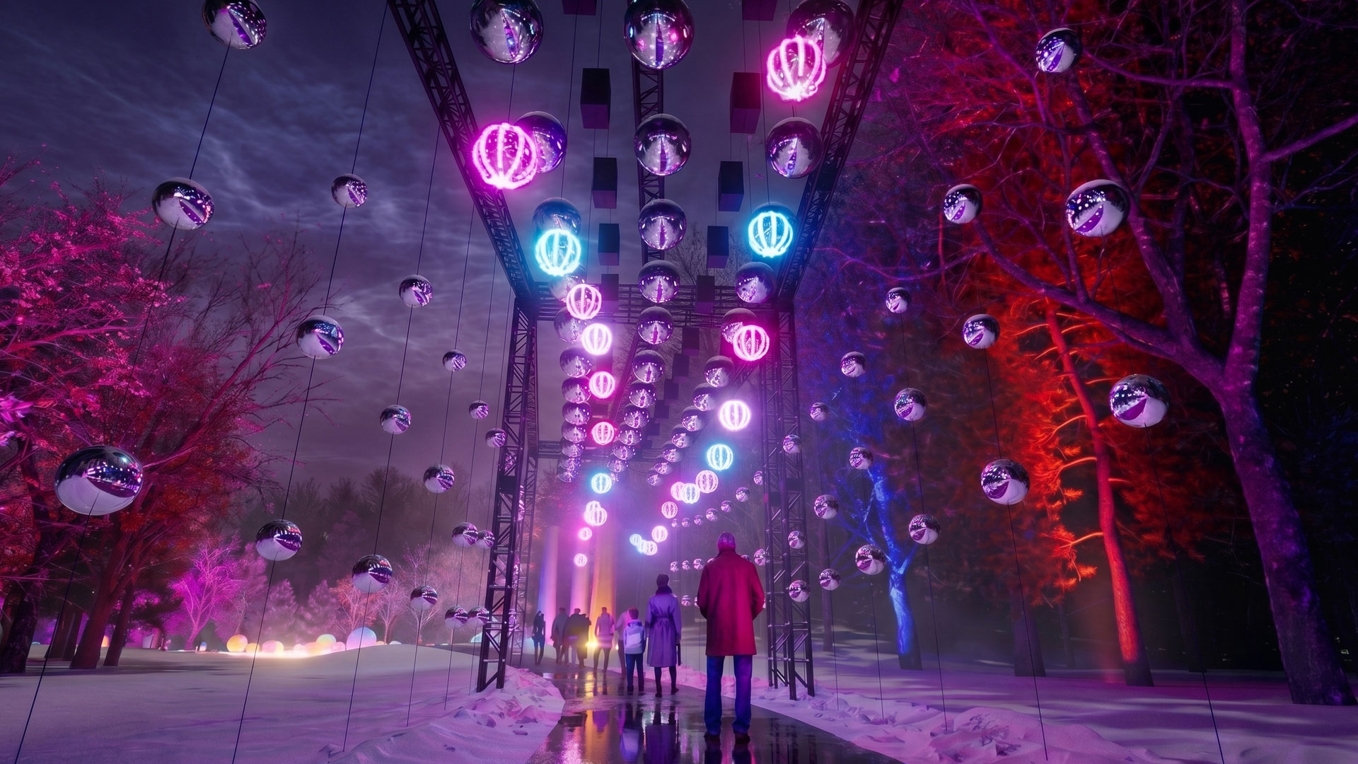 Guests walk in the immersive new experience at Illumination during winter
