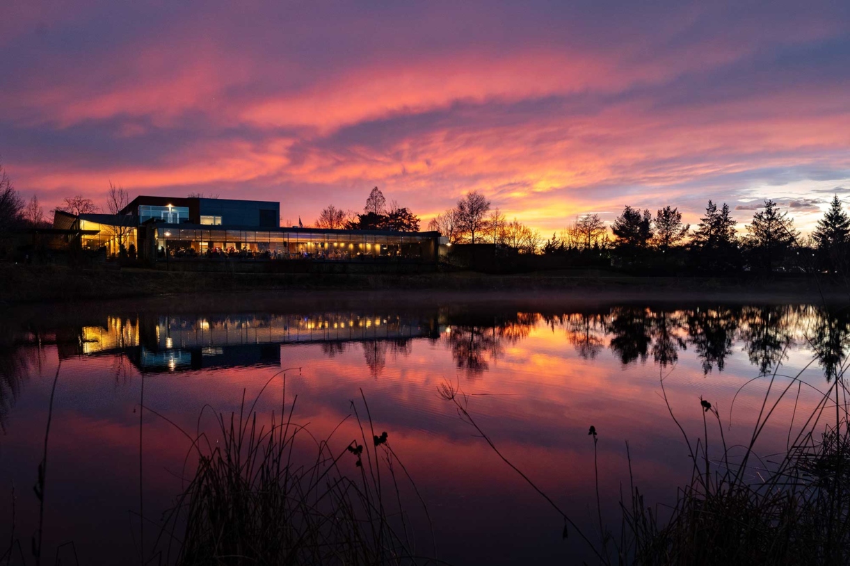 A beautiful sunset of pinks and purples over meadow lake