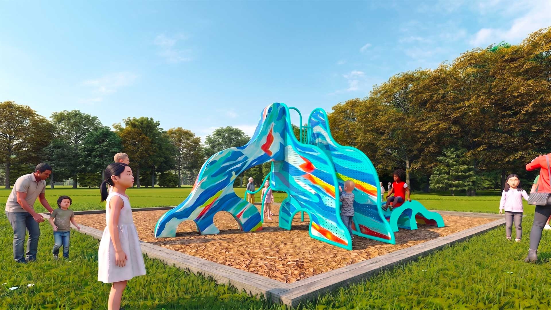 A new sculpture featuring a playground and kids playing