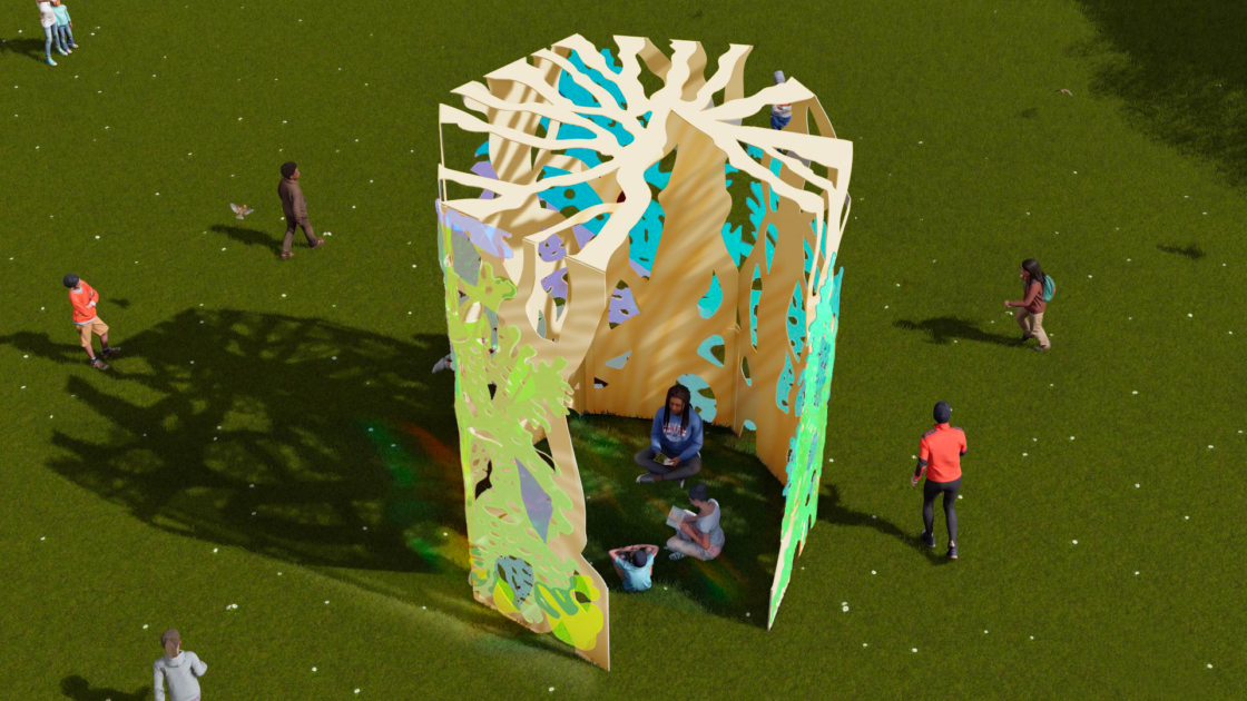 A new sculpture featuring tree branches and transparent colorful materials