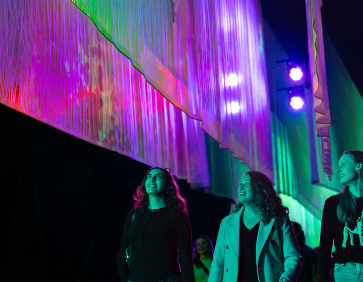 Guests walk next to the Northern Lights at Illumination
