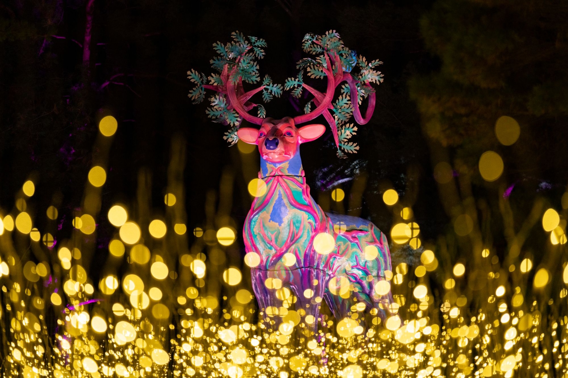 A sculpture from Vivid Creatures, Generosity, among the whimsical lights of Illumination