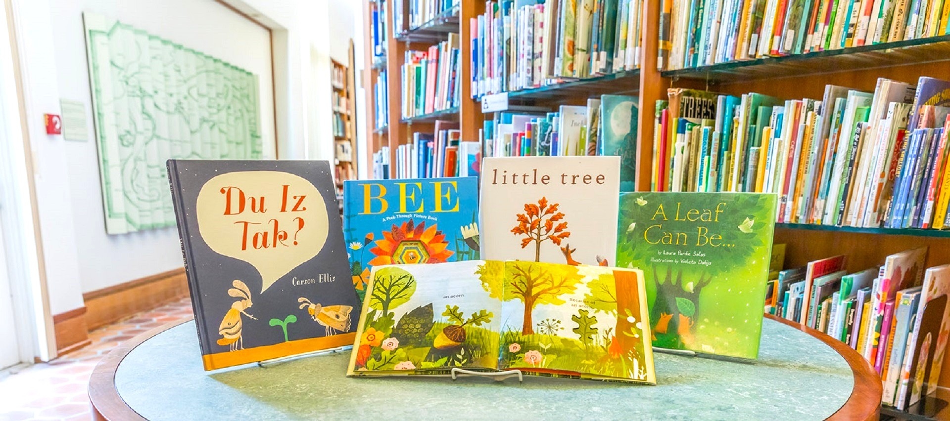 Children's book display in the Sterling Morton Library